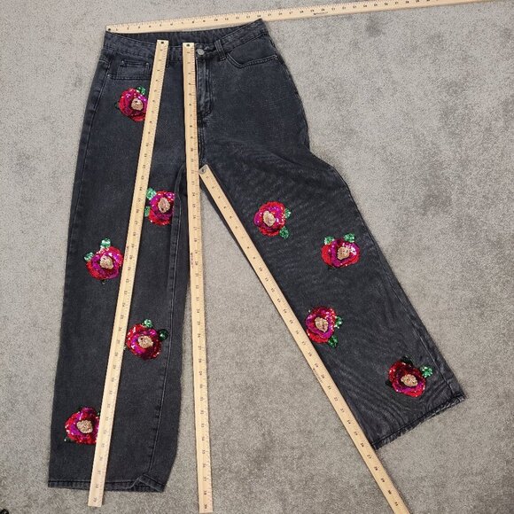 Dazy Women's Wide Leg Pants Size L Gray Cotton Blend Sequins Flowers Casual Chic - Picture 6 of 10